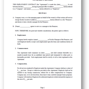 FORM | Self-Storage Sample Non-Resident Manager Agreement