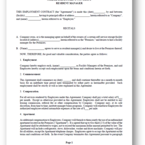 FORM | Self-Storage Sample Resident Manager Agreement
